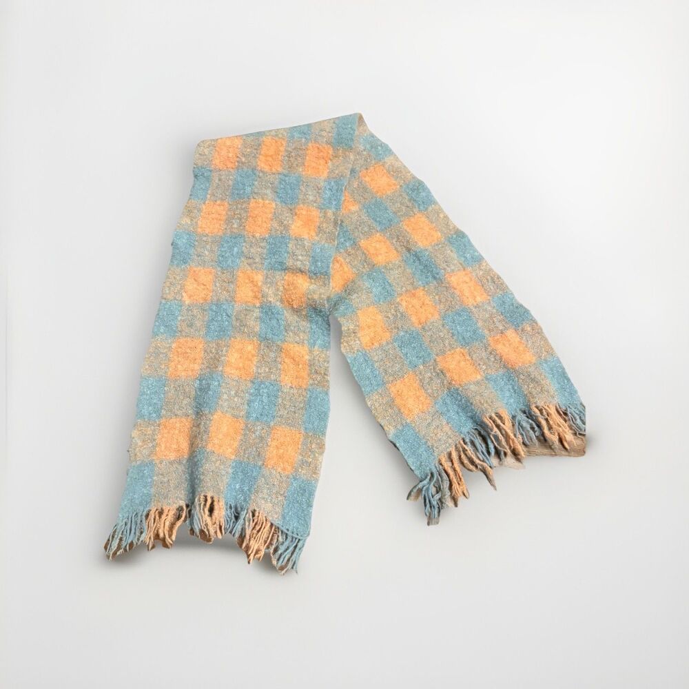 Vintage 60's Mohair Hand Woven Fringe Scarf 52”x10” USA Pastel